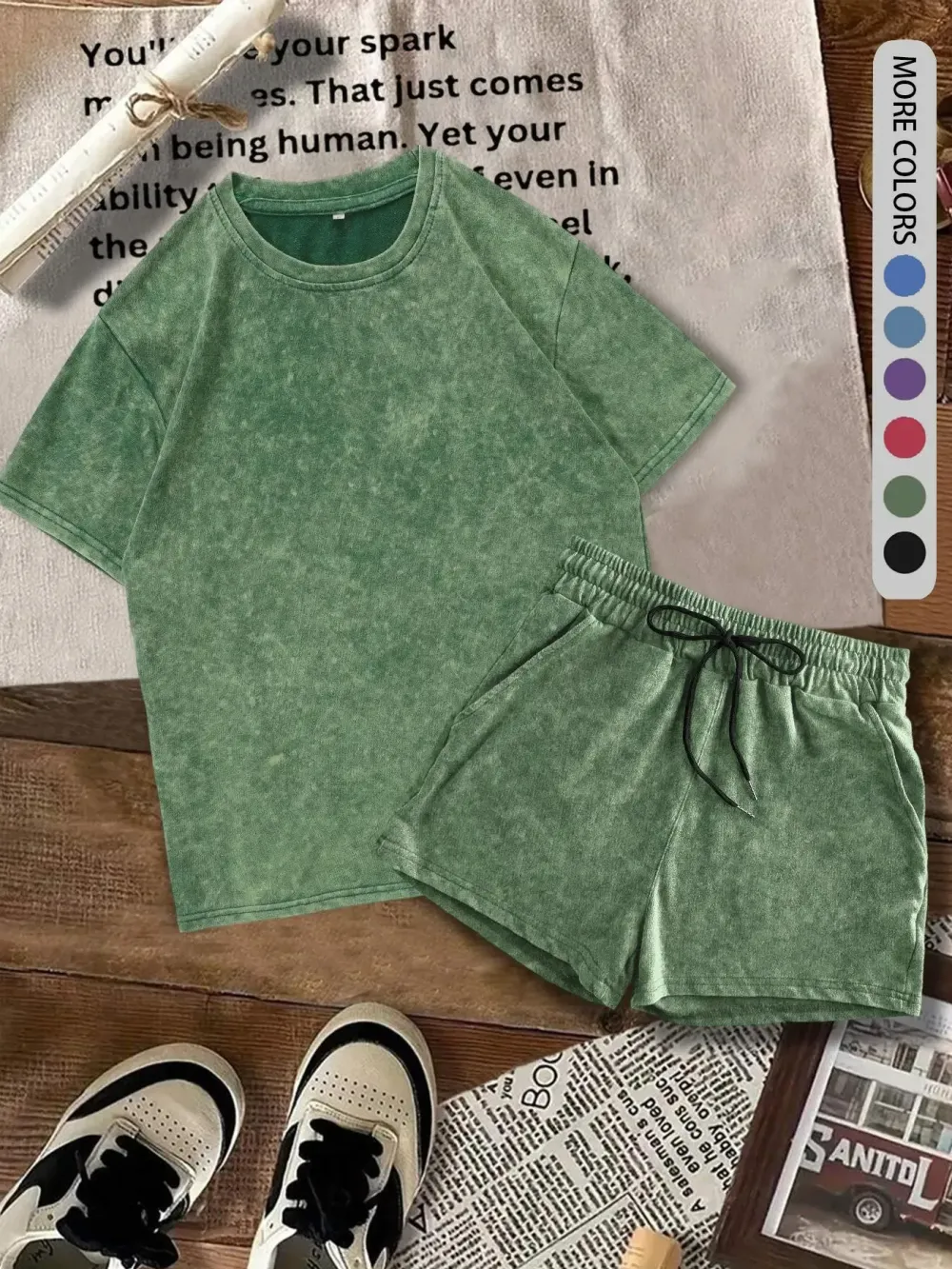 Two-piece Set Women's Solid Color Denim-effect Print Tee & Shorts
