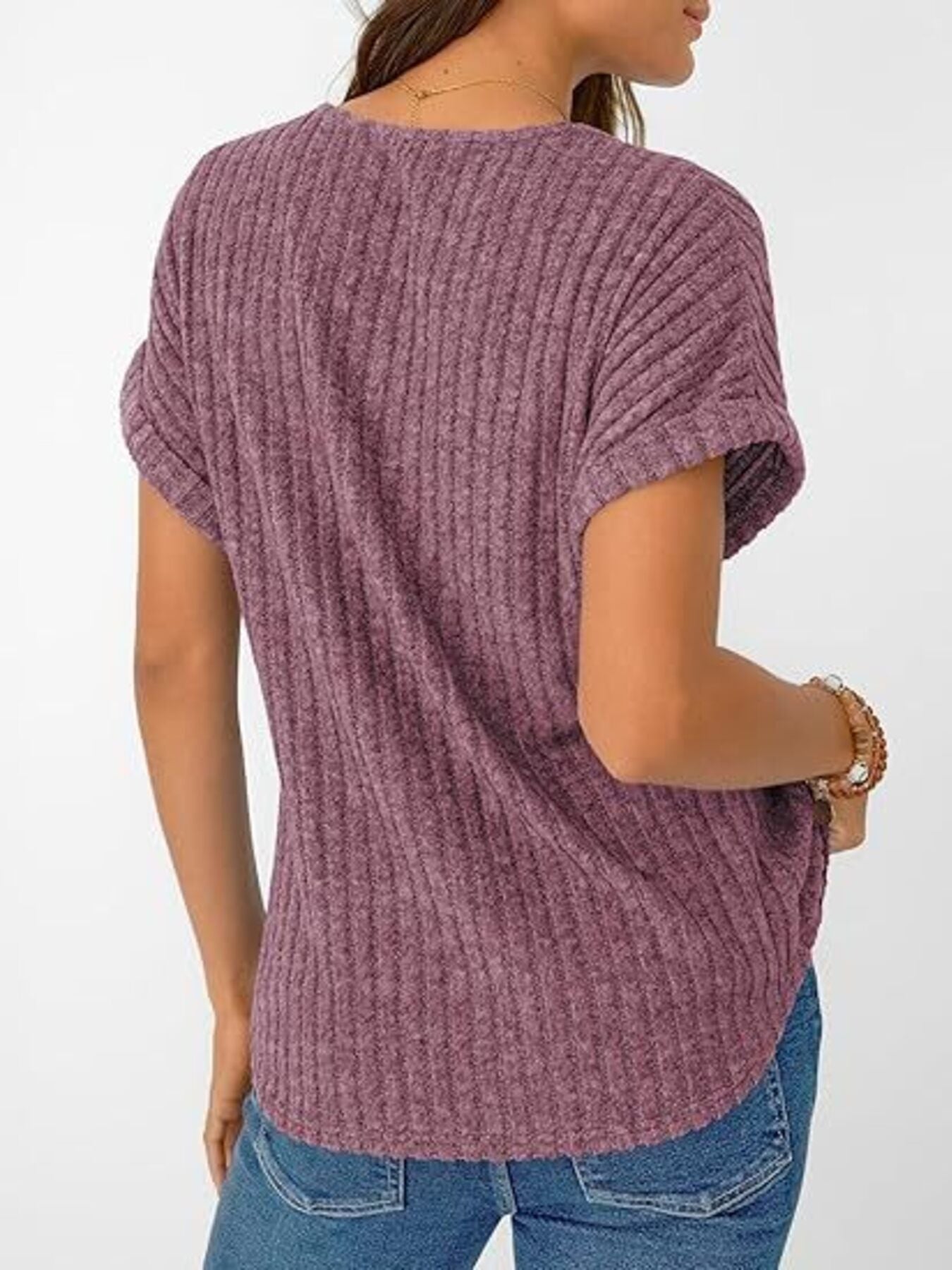 Ribbed Knit V-Neck Relaxed Fit T-Shirt