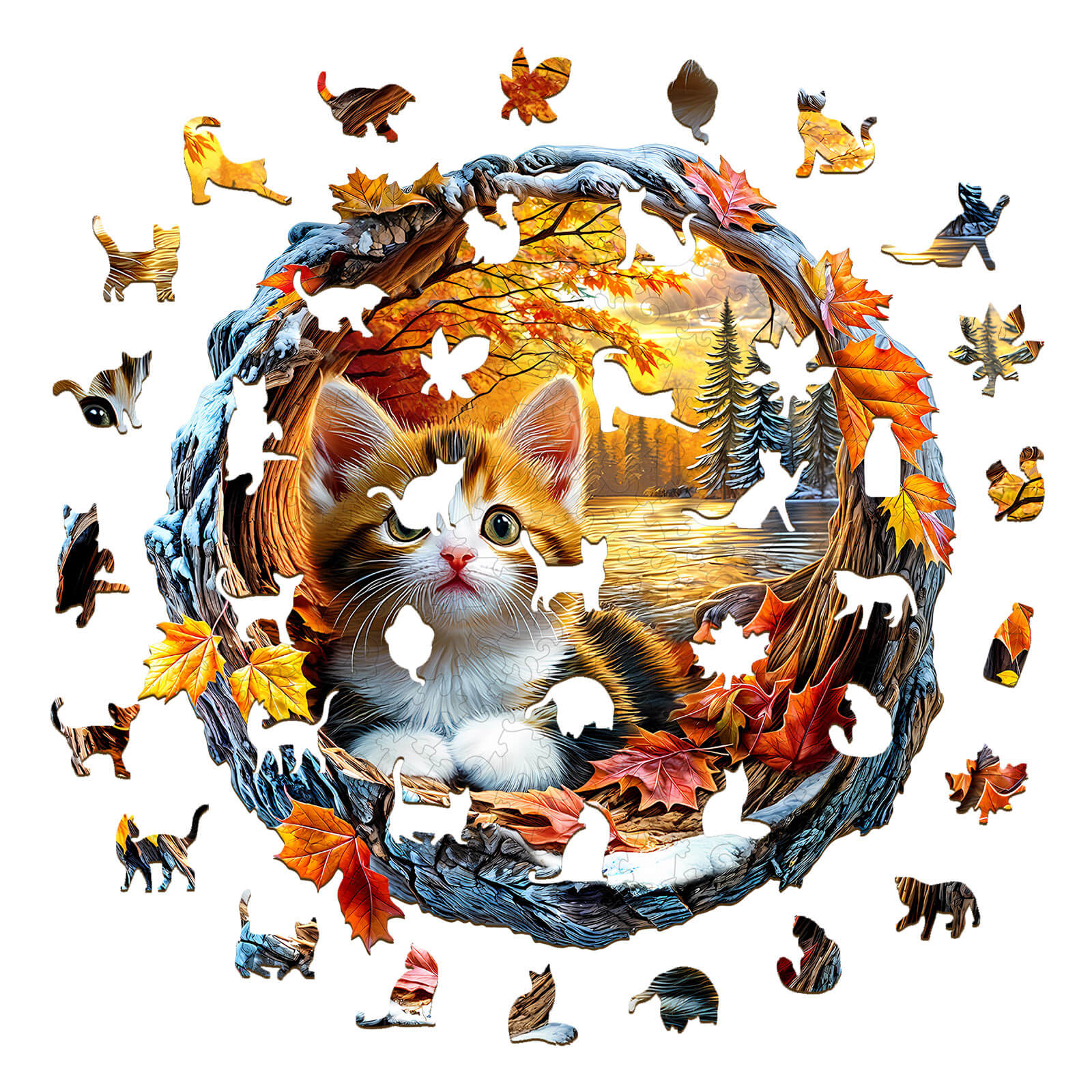 3D Kitten in Autumn Wooden Jigsaw Puzzle