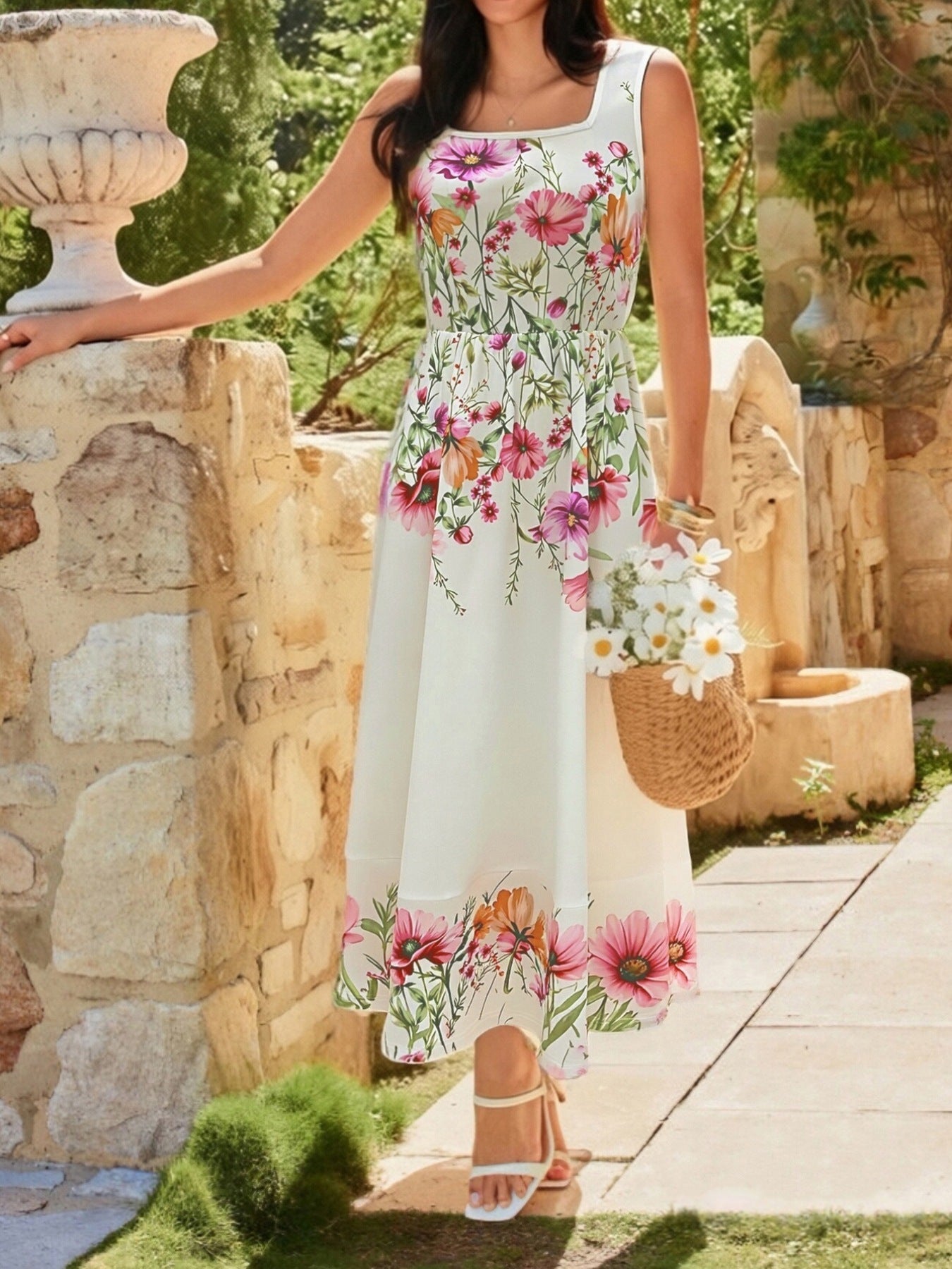 Floral Print Square Neck Dress