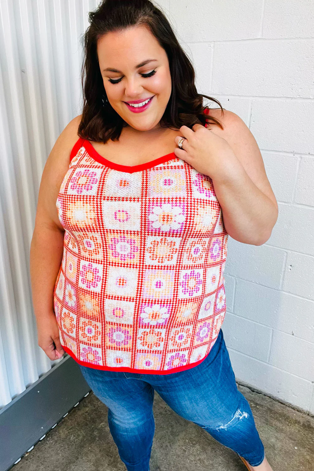 Retro In Bloom Coral Flower Power Waffle Knit Sleeveless Top