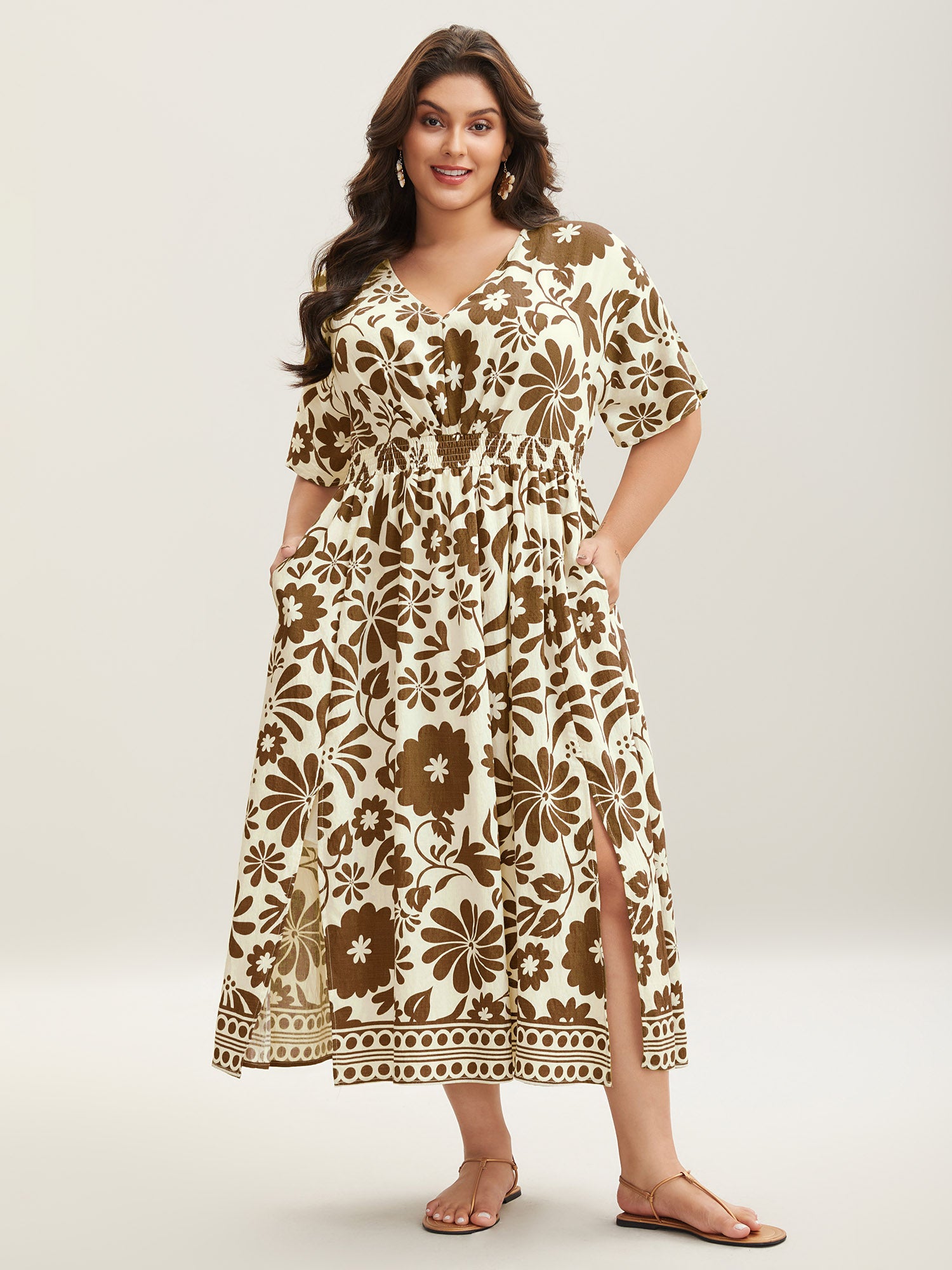 Large Floral Print Pockets Midi Dress