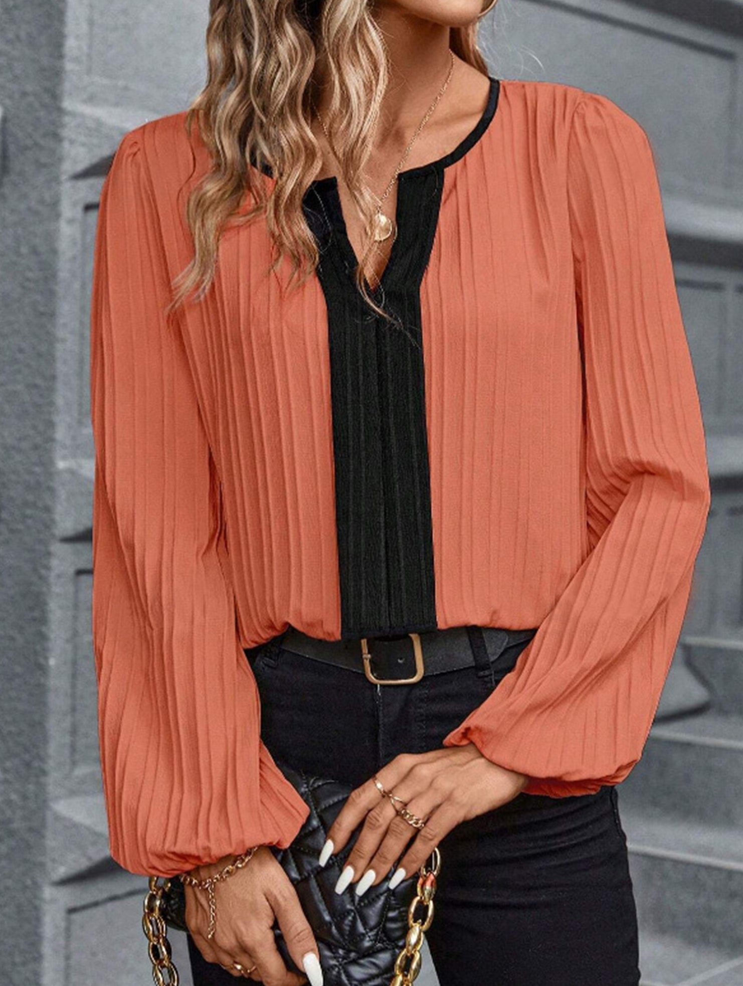 Colorblock V Neck Puff Sleeve Blouse_CWTTL01232