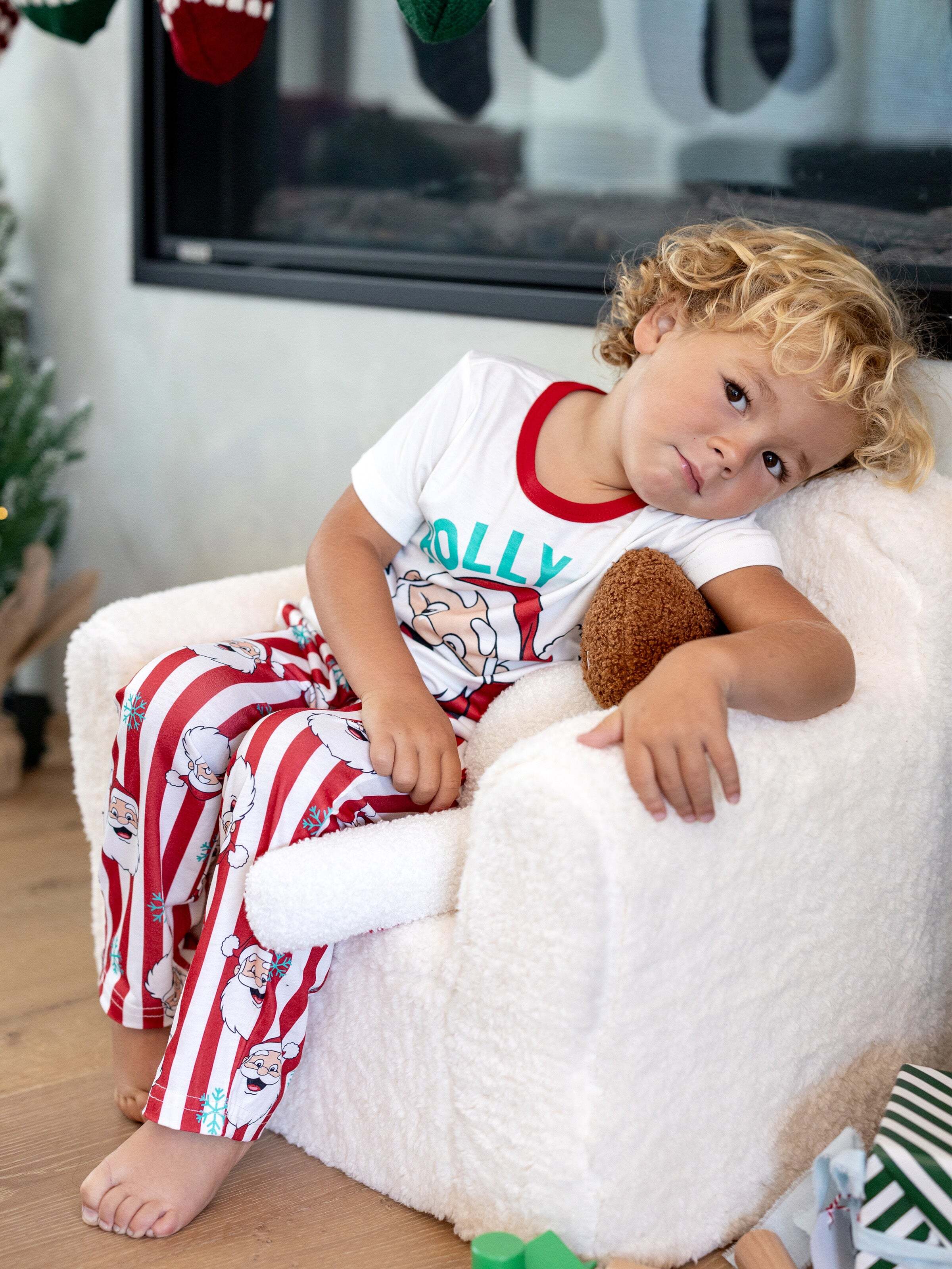 Christmas Matching Family Pajamas Set Santa Claus and Snowflakes Red Stripes PJS Red