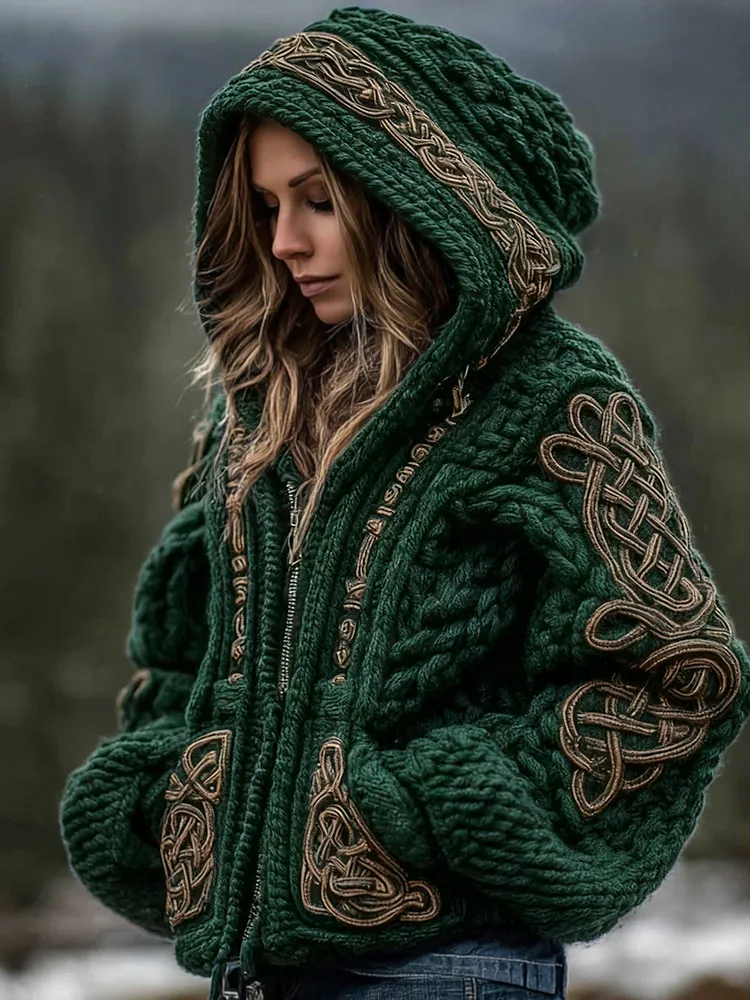 Women's Viking Celtic Knot Cozy Warm Knit Full Zip Hooded Sweater