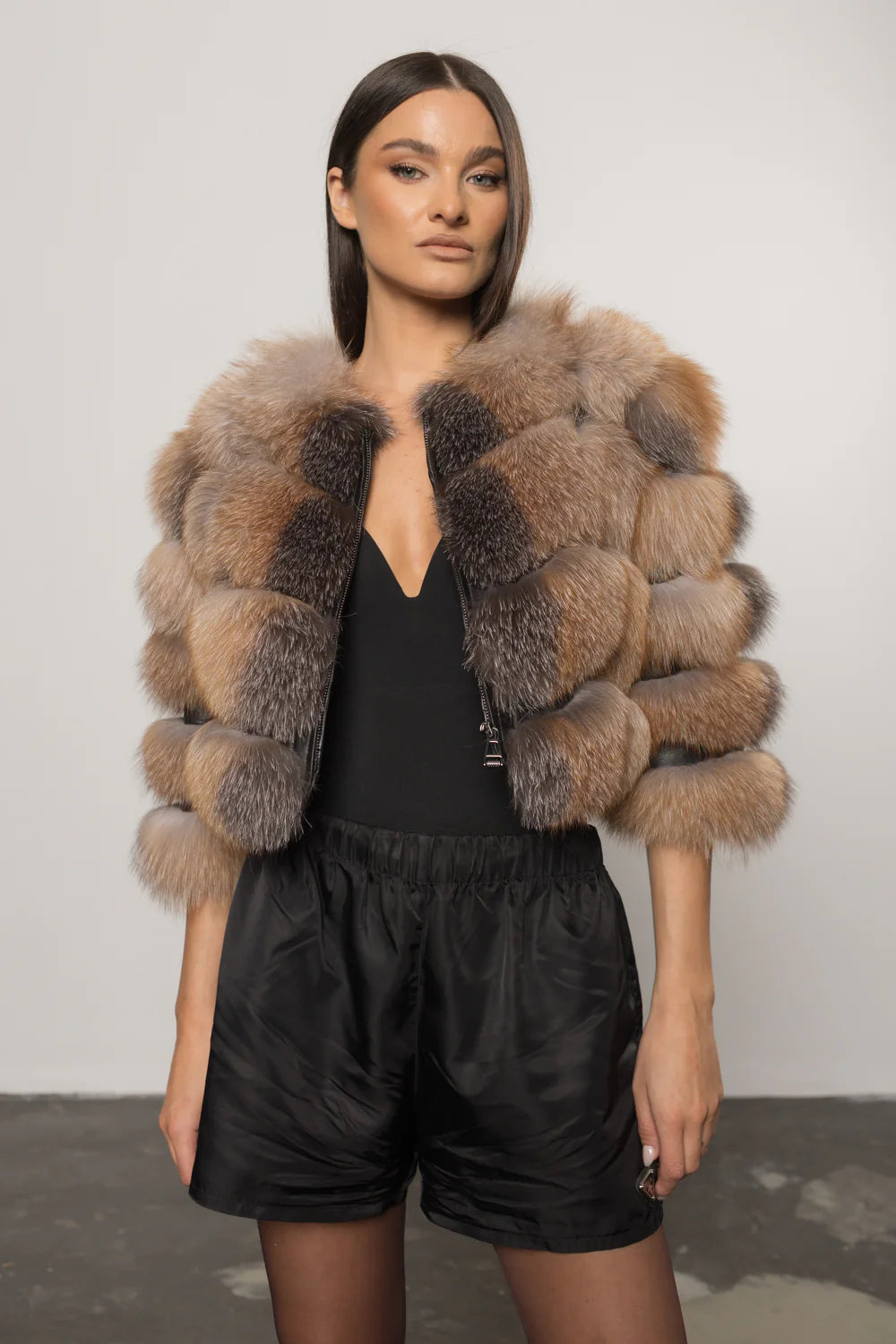 Haină din Blană Naturală de Vulpe și Piele, Transformabilă, Femei, Brown Frost 249