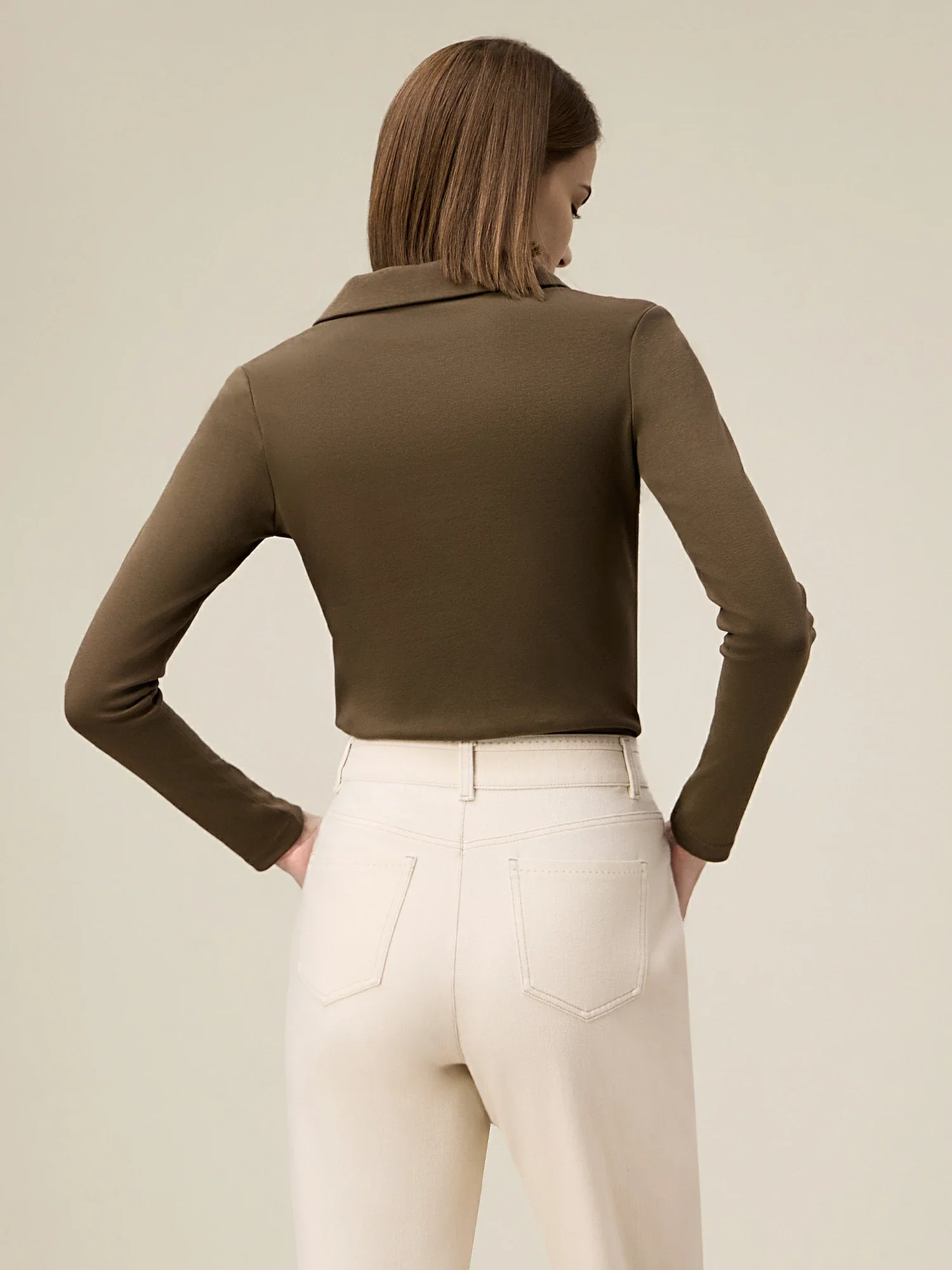 Women's  69.6% Cotton Polo Collar Long Sleeve Top