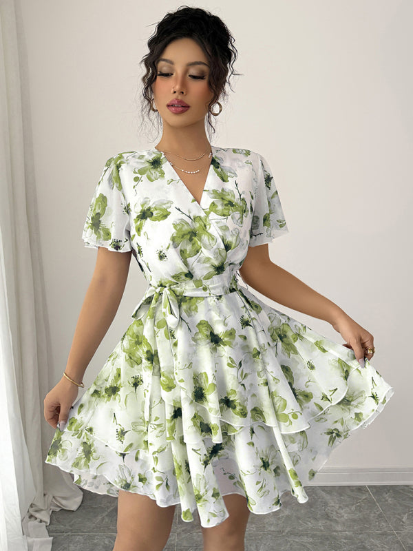 Printed deep V mini dress