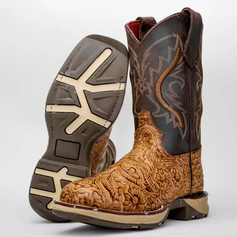 Honey Hand-Tooled Leather Boots With 3D Lightweight Sole - Composite Toe