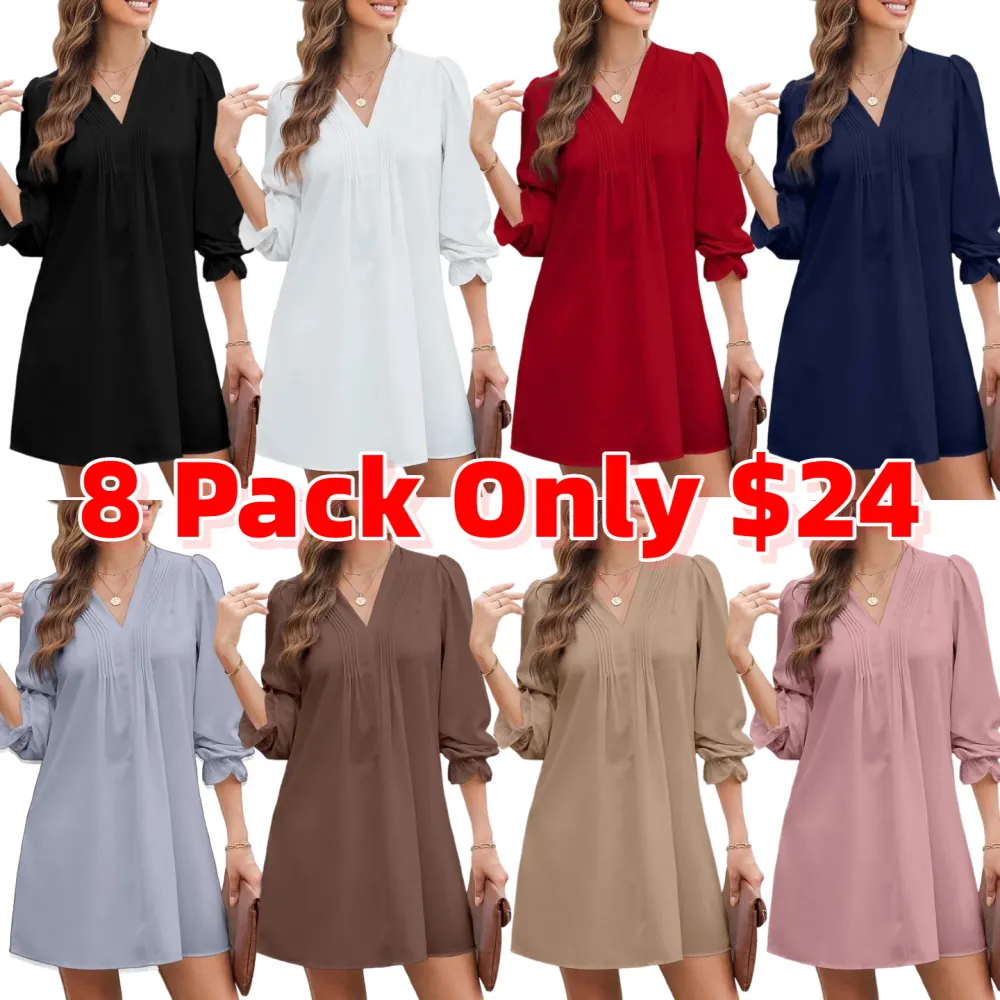 Womens Casual Dress A-Line Ruffle Sleeve V Neck Midi Dress