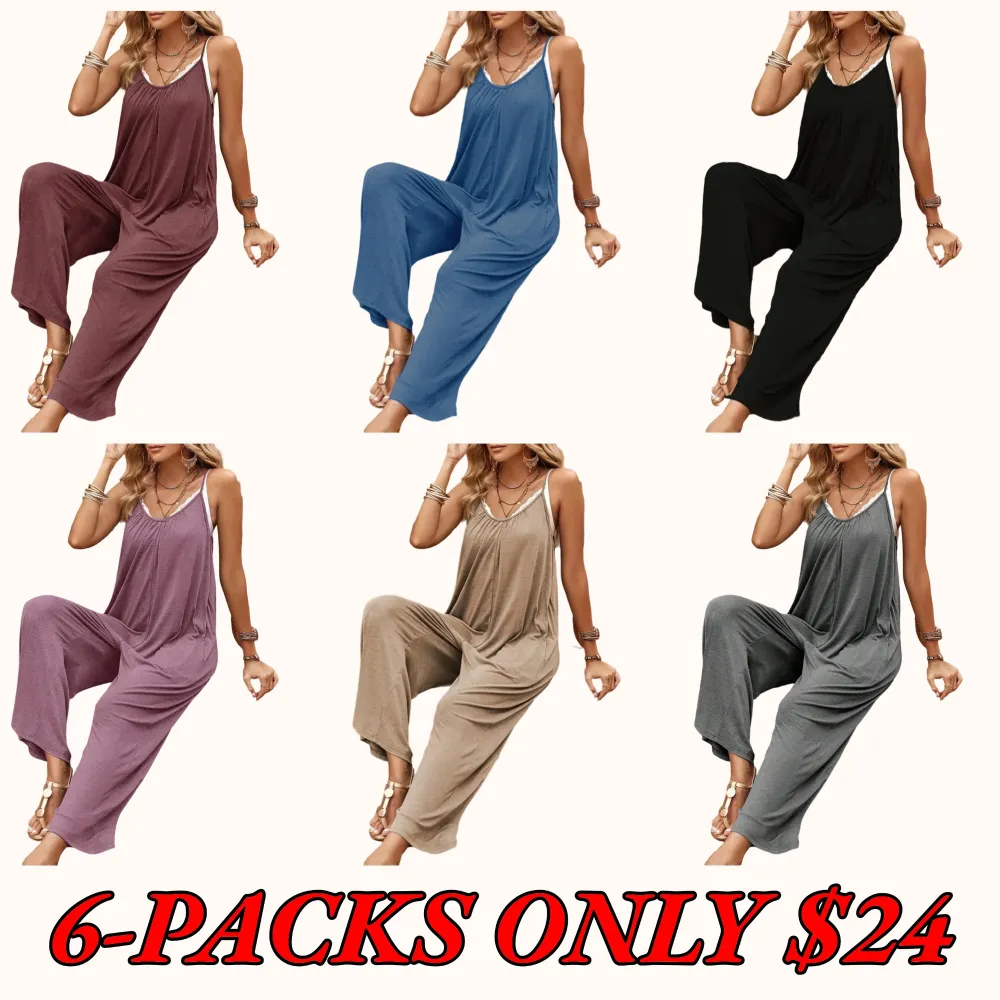 Women's Solid-Color Pleated Pocket Backless Loose-Fit Fashion Spaghetti-Strap Jumpsuit