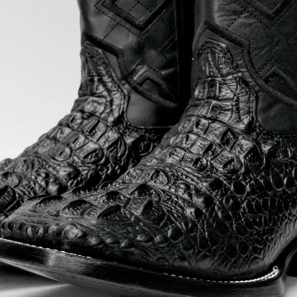 Black Caiman Neck Leather Boots - Square Toe