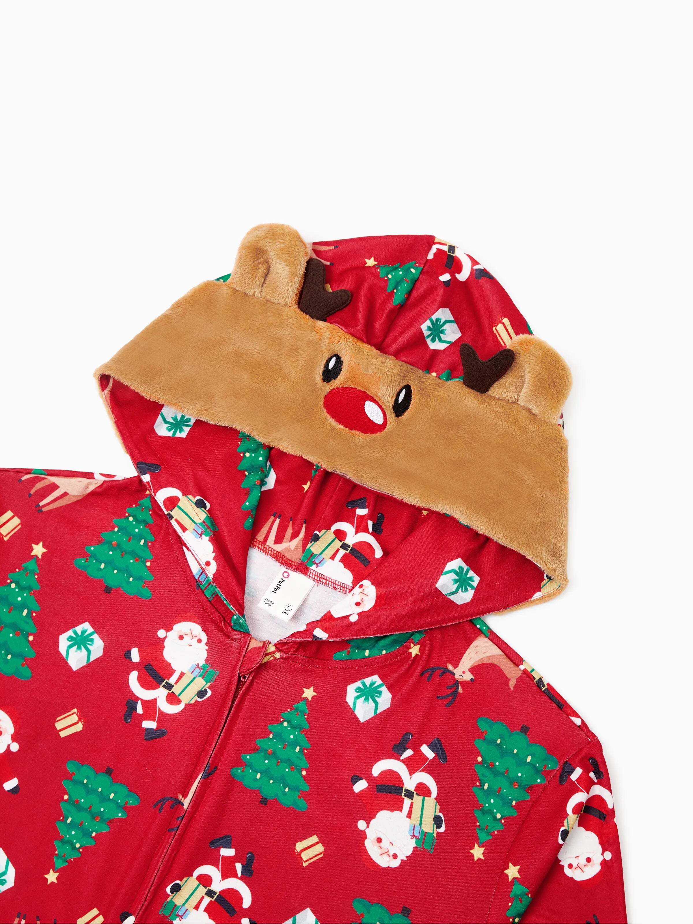 Christmas Family Pajamas Sets 3D Reindeer Hooded Allover Print Onesies with Christmas Socks Red-2