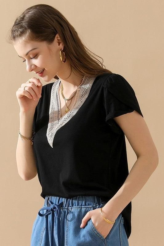 Gold Lace V Neck Ruffle Short Sleeve Top