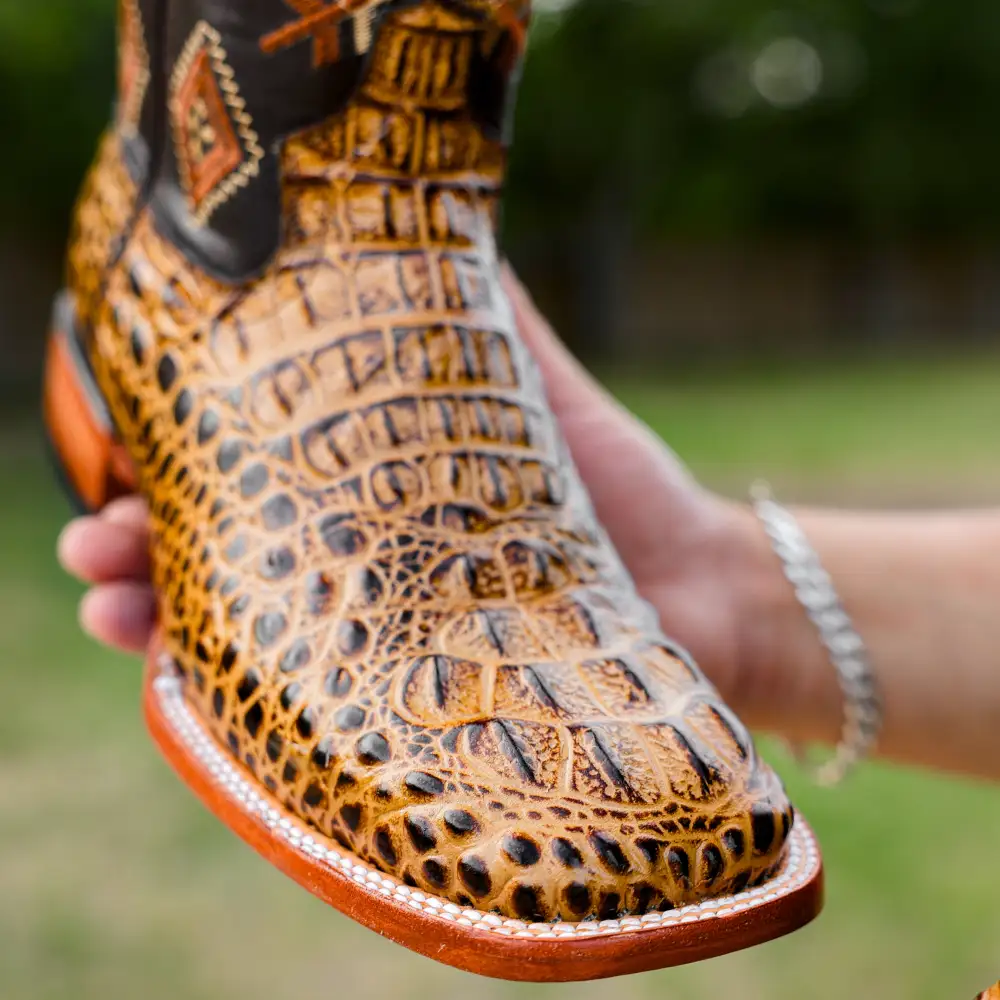 Honey Caiman Neck Leather Boots - Square Toe