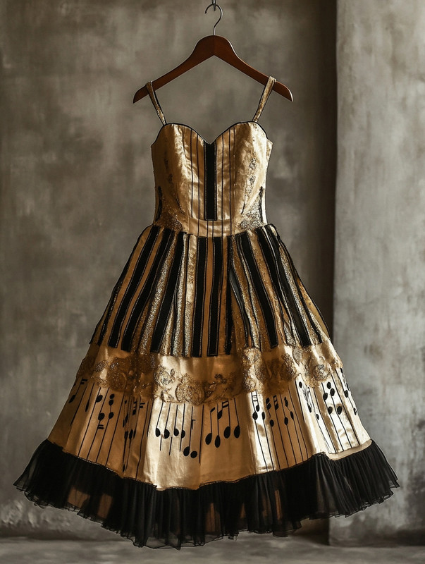 Retro Elegant Music Theme Irregular Stitching Dress 22ca