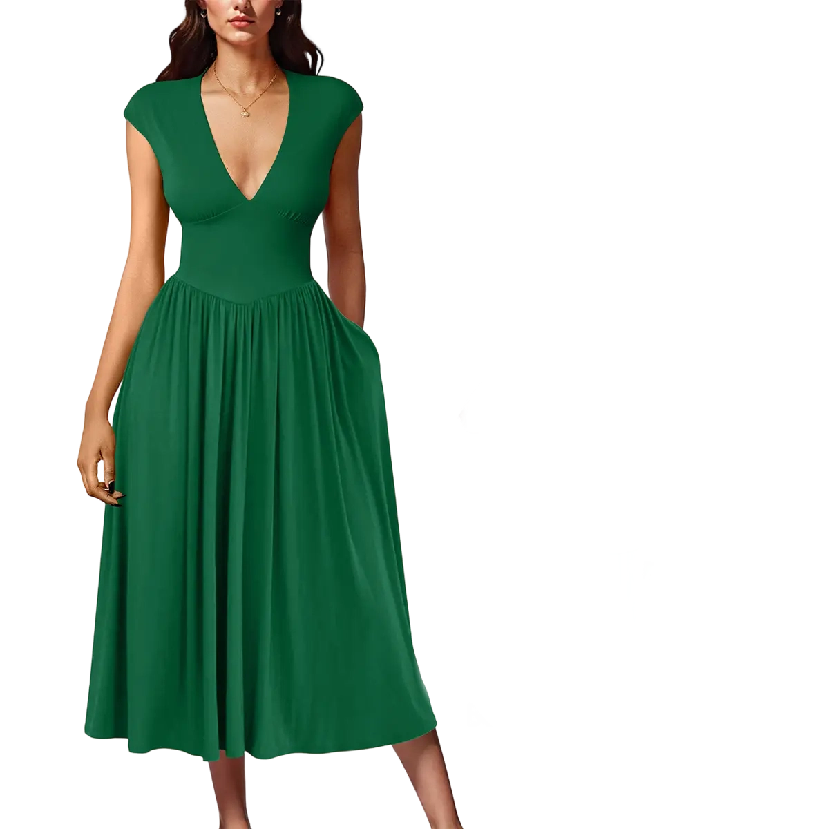 Women's Summer Deep V-Neck Cap Sleeve Pleated A‑Line Midi Dress with Pockets