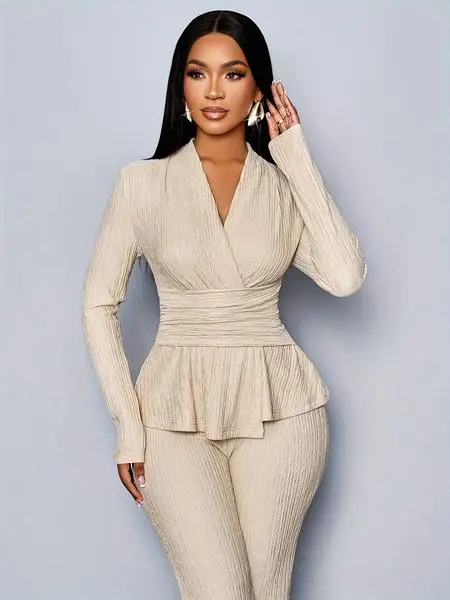 Elegant V-Neck Long Sleeve Top & Wide Leg Pants Set