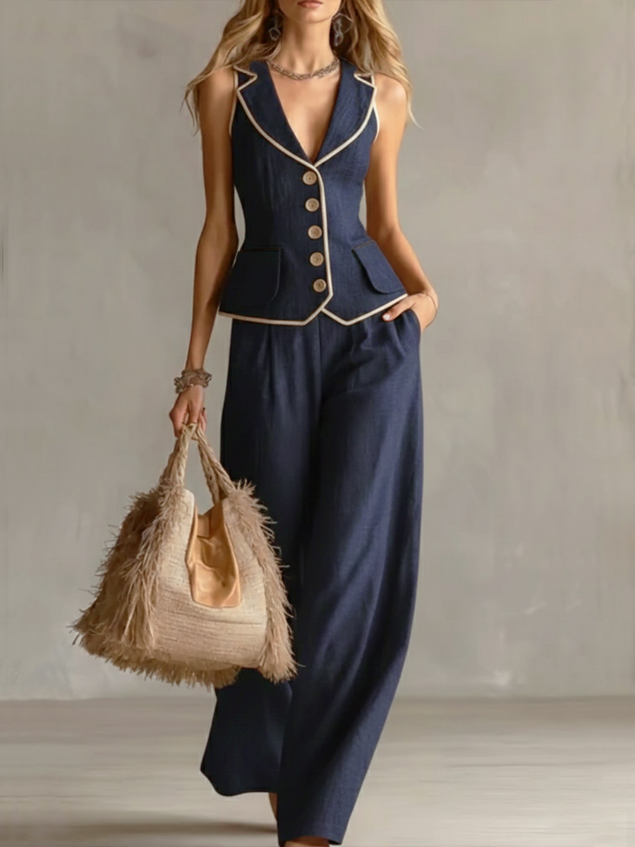 Women's Slim-fit Linen And Cotton Vest And Trousers Two-piece Set