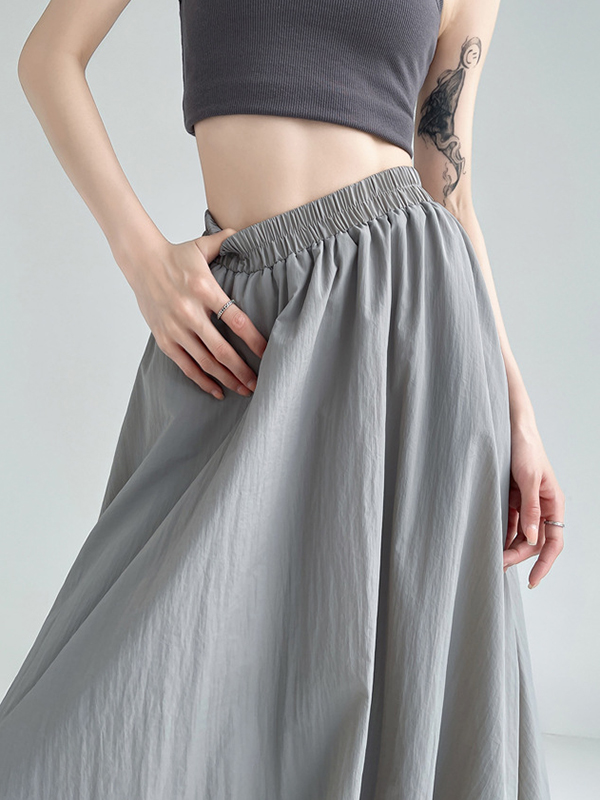 Elasticity Pleated Pockets Solid Color A-Line Loose Skirts Bottoms