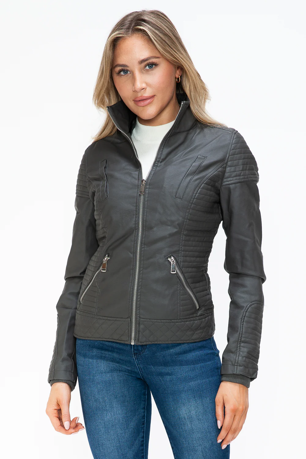 Faux Layered Double-Zipper Jacket with Fuzzy Hood