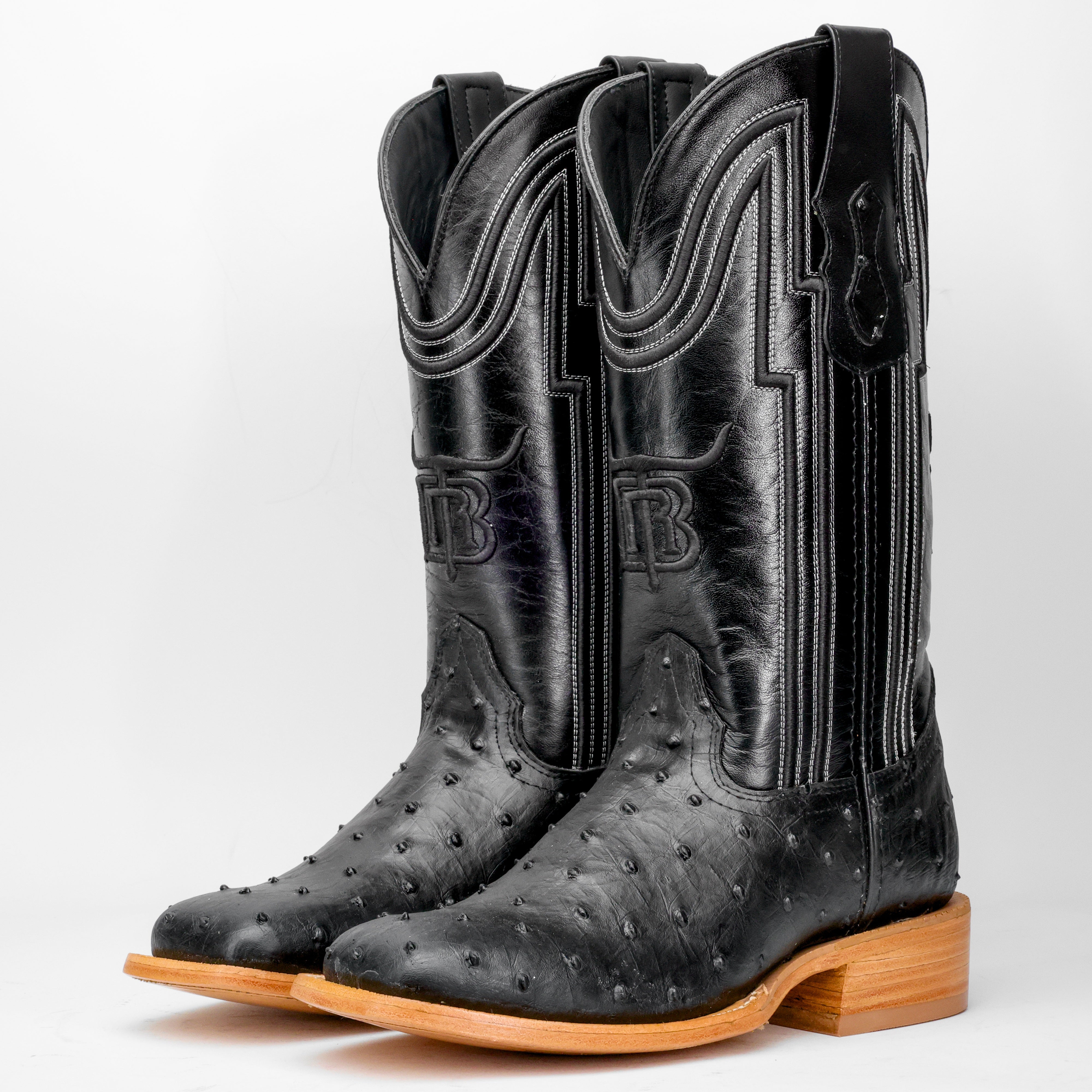 Black Ostrich Leather Boots - Square Toe