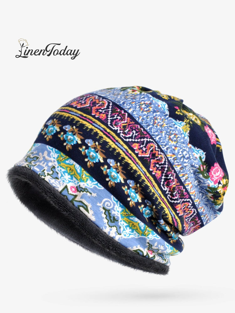 Retro Tribal Printed Cotton Fleece Dual Use Scarf Beanie Hat