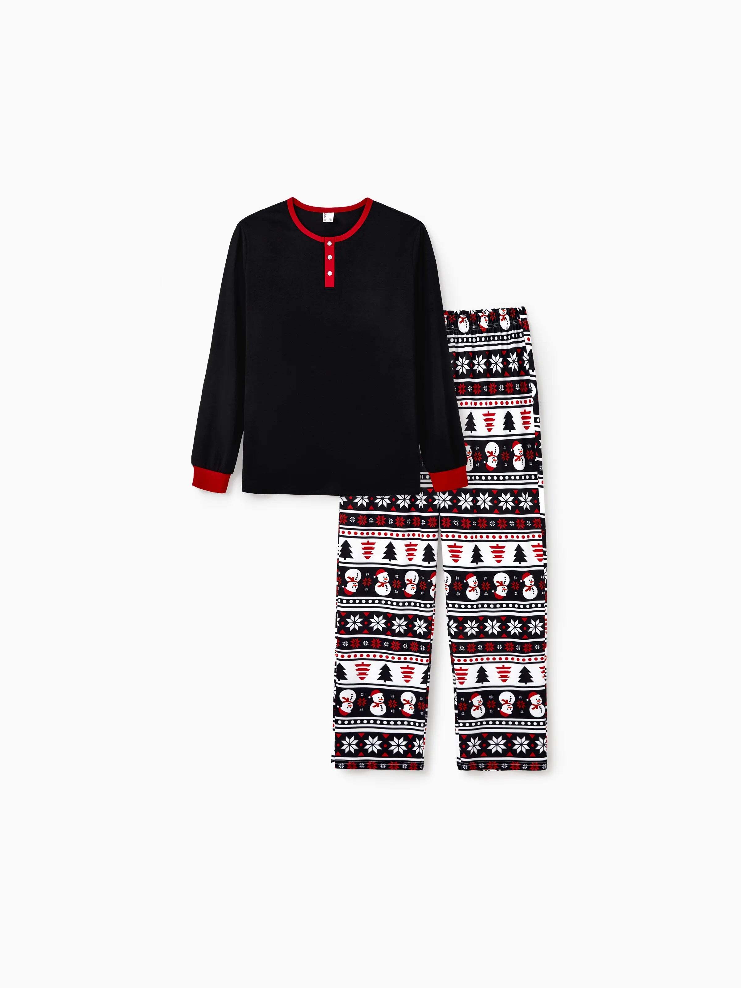 Christmas Matching Family Pajamas Set Snowman and Christmas Tree Print Black PJS with Christmas Socks Black