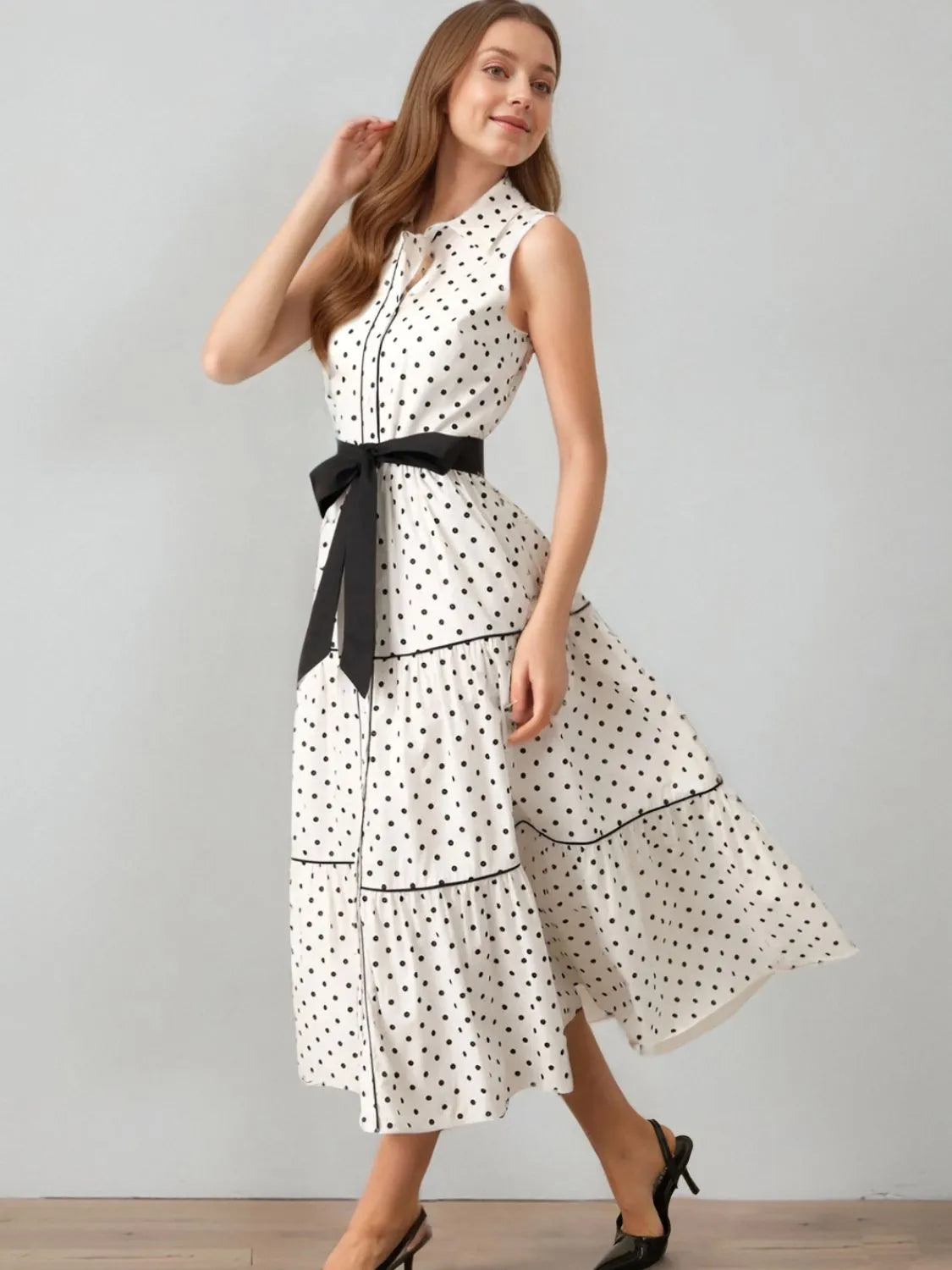Polka Dot Sleeveless Midi Shirt Dress