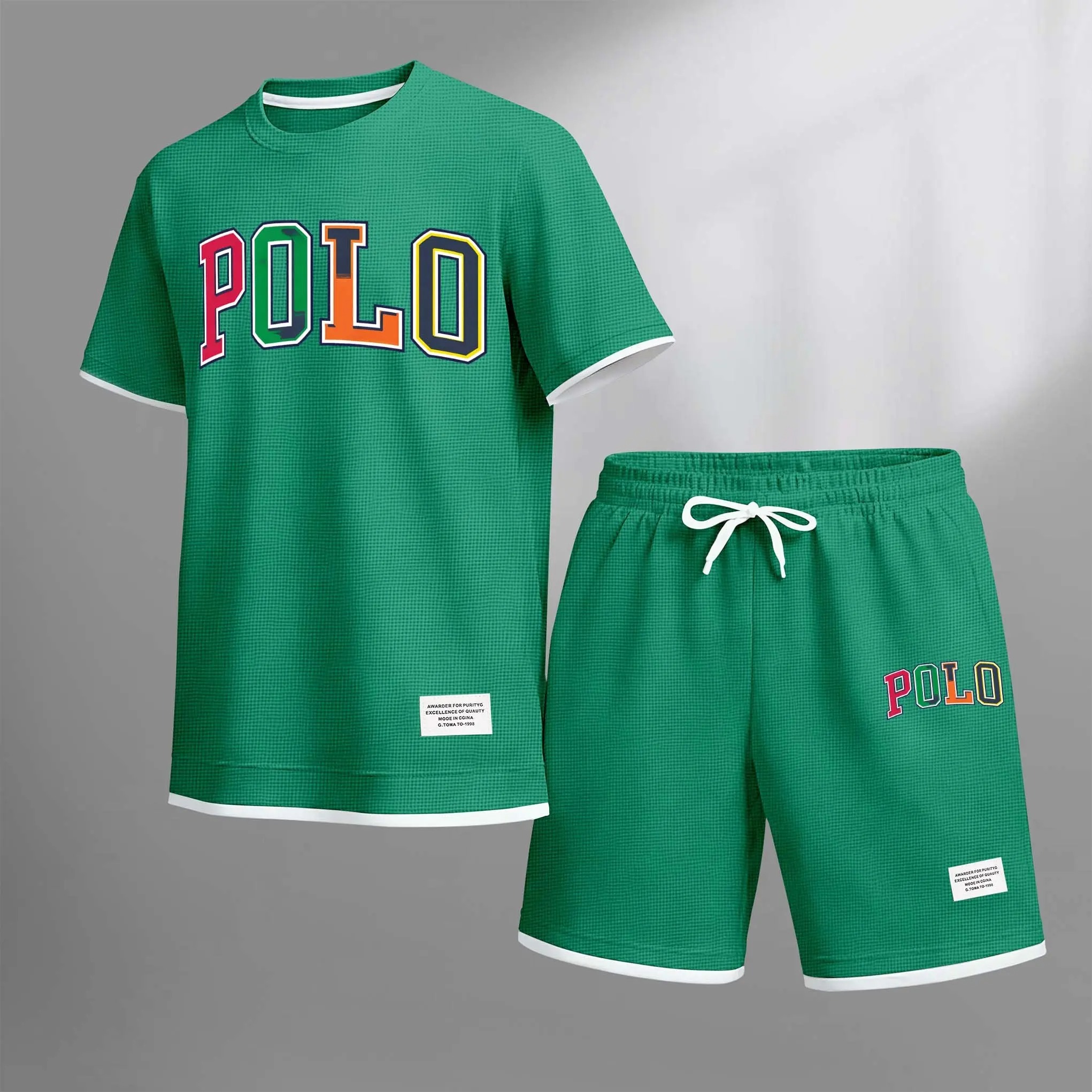 Men’s Printed Polo Shirt & Drawstring Shorts Set – Casual Summer 2-Piece Outfit