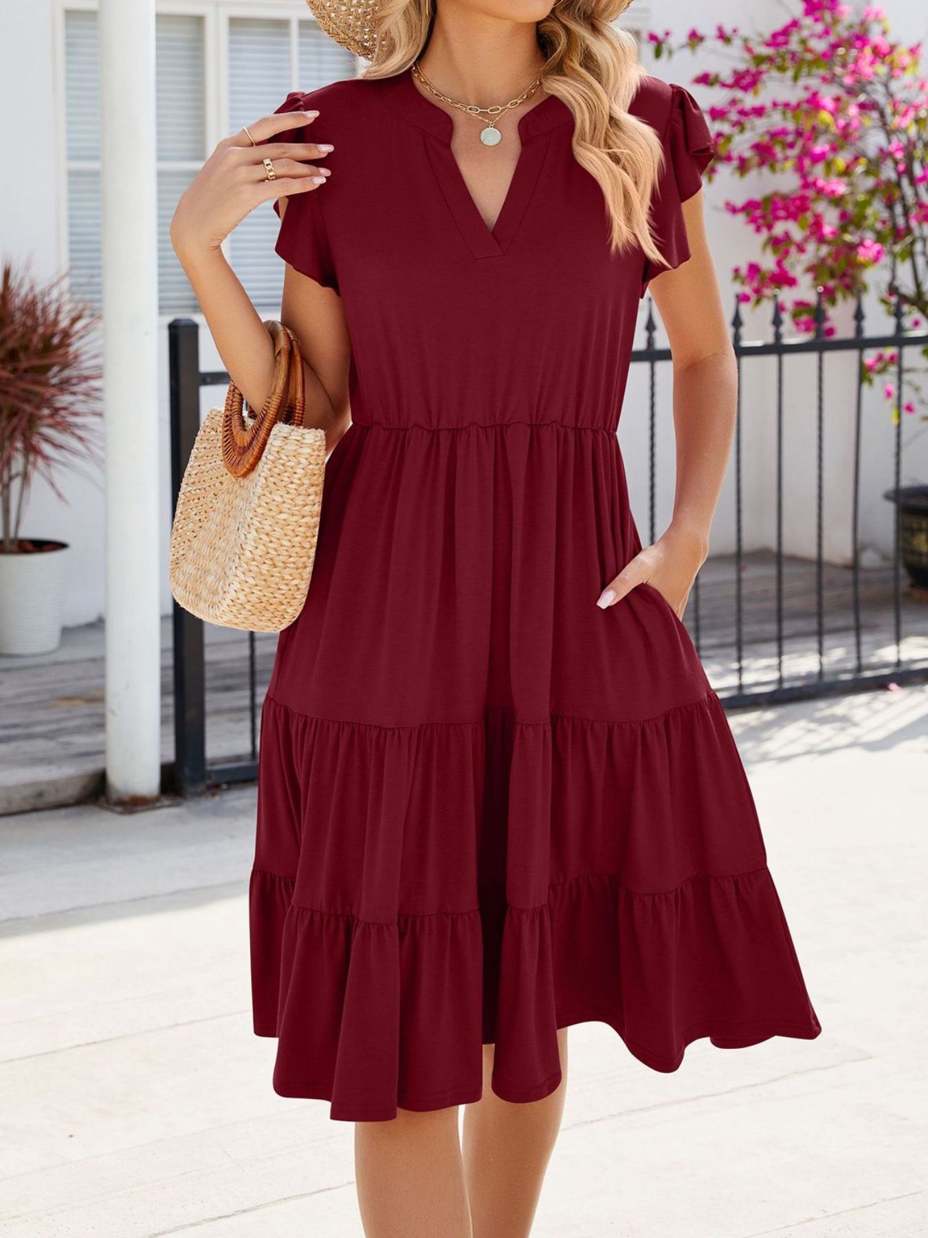 Ruffled Notched Tiered Midi Dress