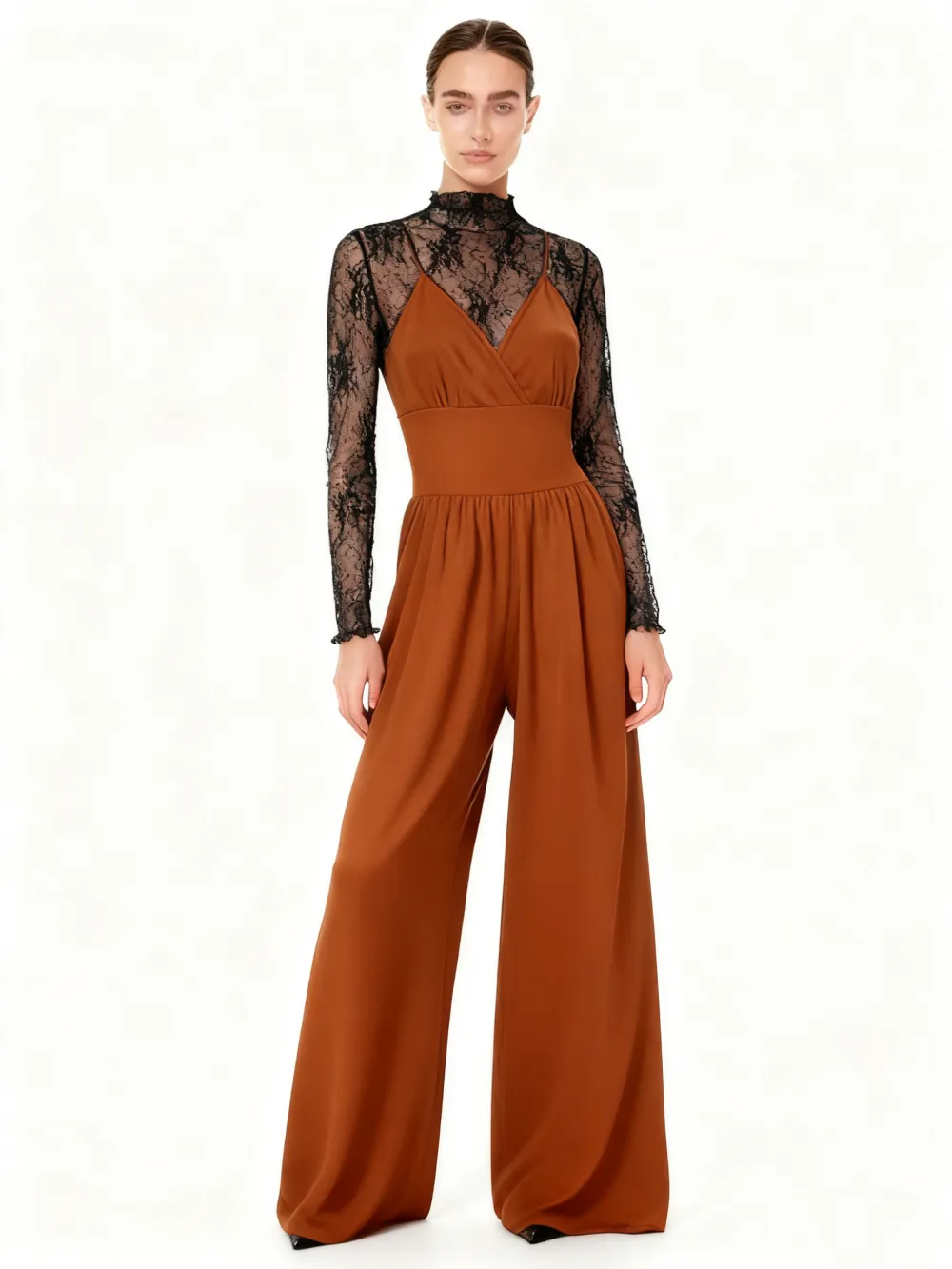 Women's Solid Color Lettuce Trim Mock Neck Sheer Lace Top & Pocket Wide Leg Cami Jumpsuit