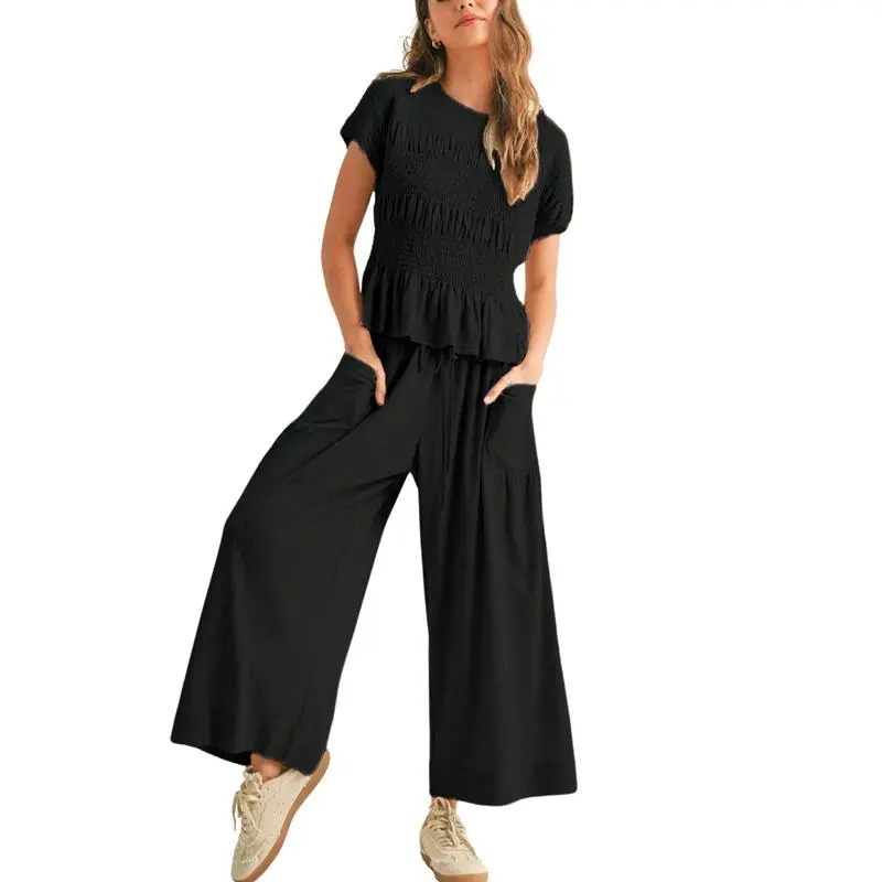 Casual Boho Matching Set Smocked Top & Wide-Leg Pants