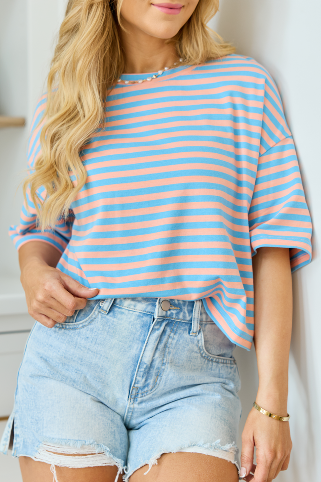 Keep It Casual Blue and Coral Multi Boxy Striped Tee