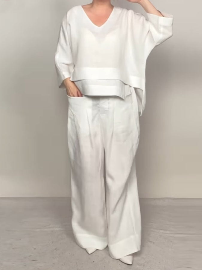 Women'S Casual Solid Color Irregular Cotton And Linen Shirt and Pats Suit