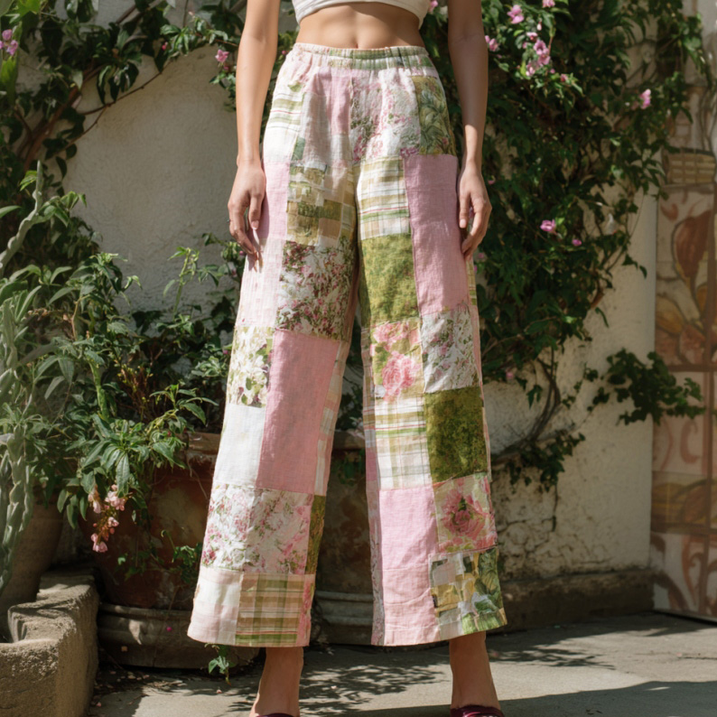 Women's Retro Bohemian Floral Patchwork Linen Trousers