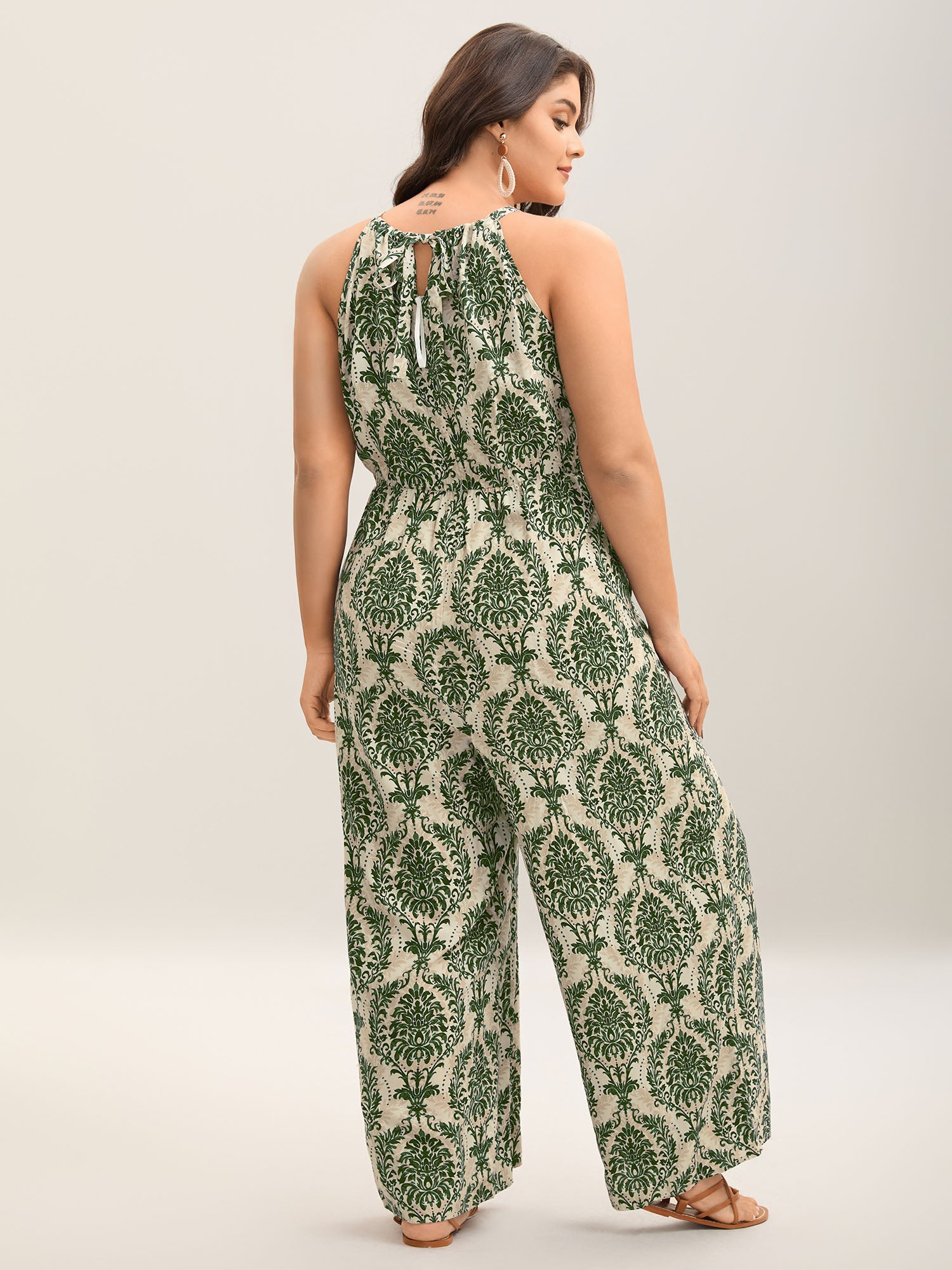 Rayon Damask Print Stretchy Waist Jumpsuit
