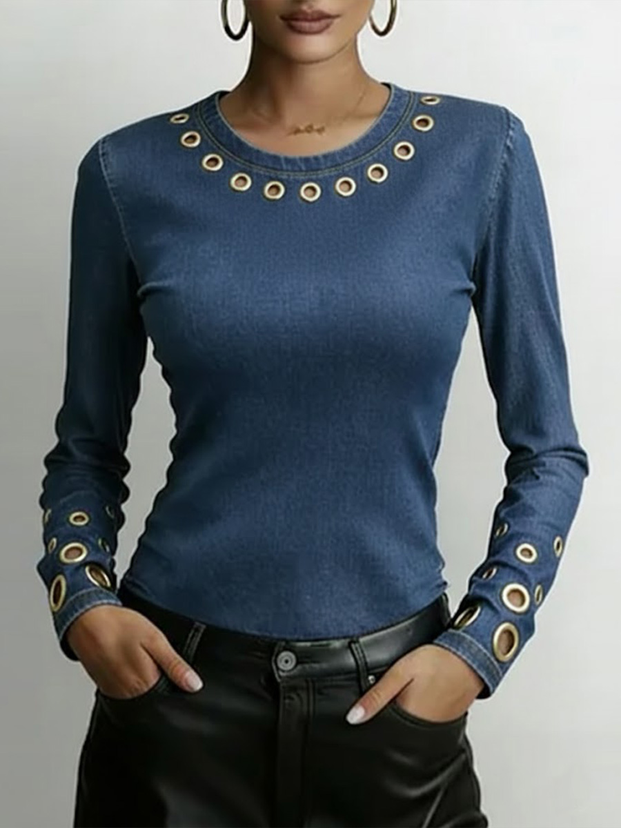 Women's Round Neck Long Sleeve Faux Denim Stretch Casual Loose Denim Top