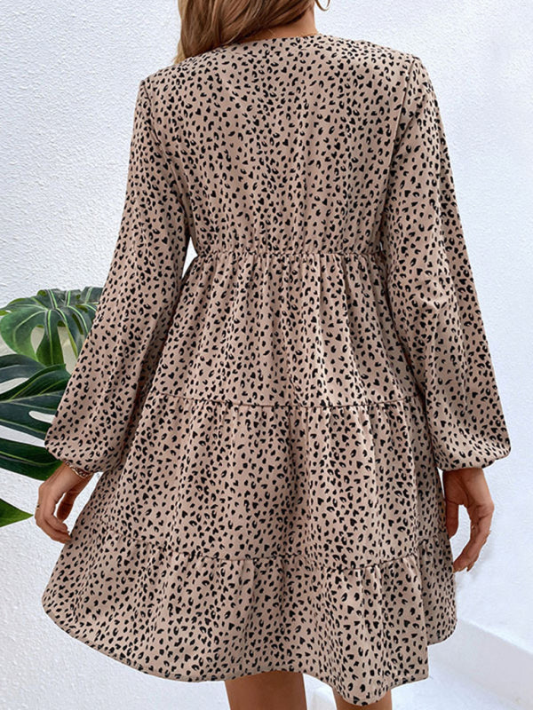 Pleated Leopard-Print Puff-Sleeved Long-Sleeved Layered Skirt Dress