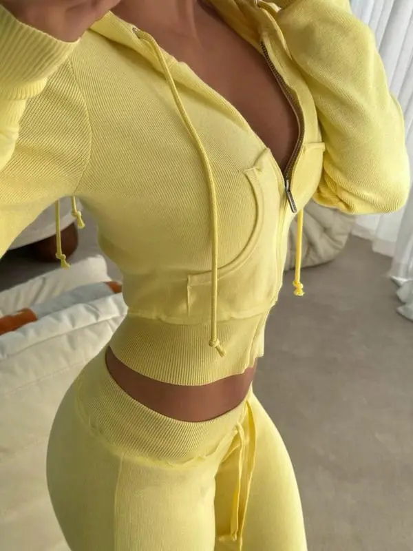 Women's Solid Drawstring Zip Up Crop Hooded Jacket Sets