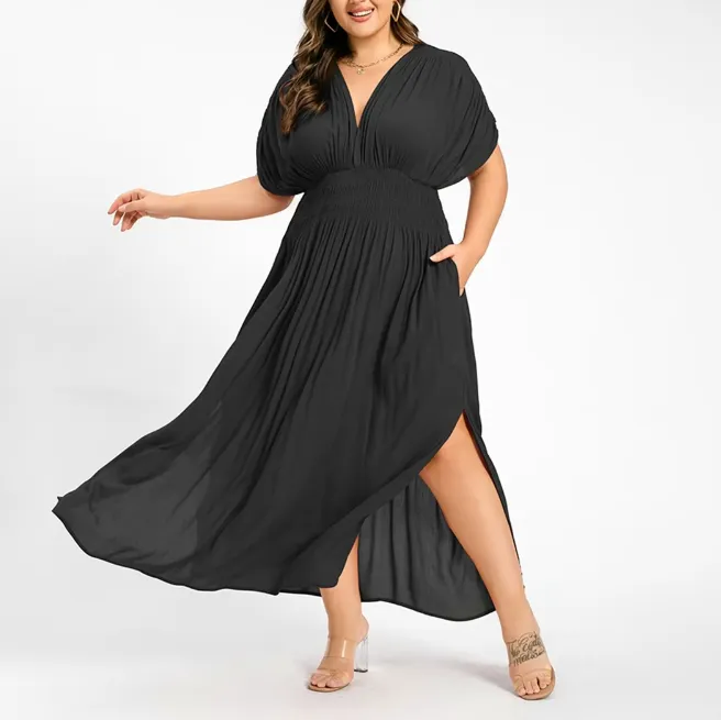 Plus Size Summer V-Neck Batwing Sleeve Maxi Dress with Ruched Waist