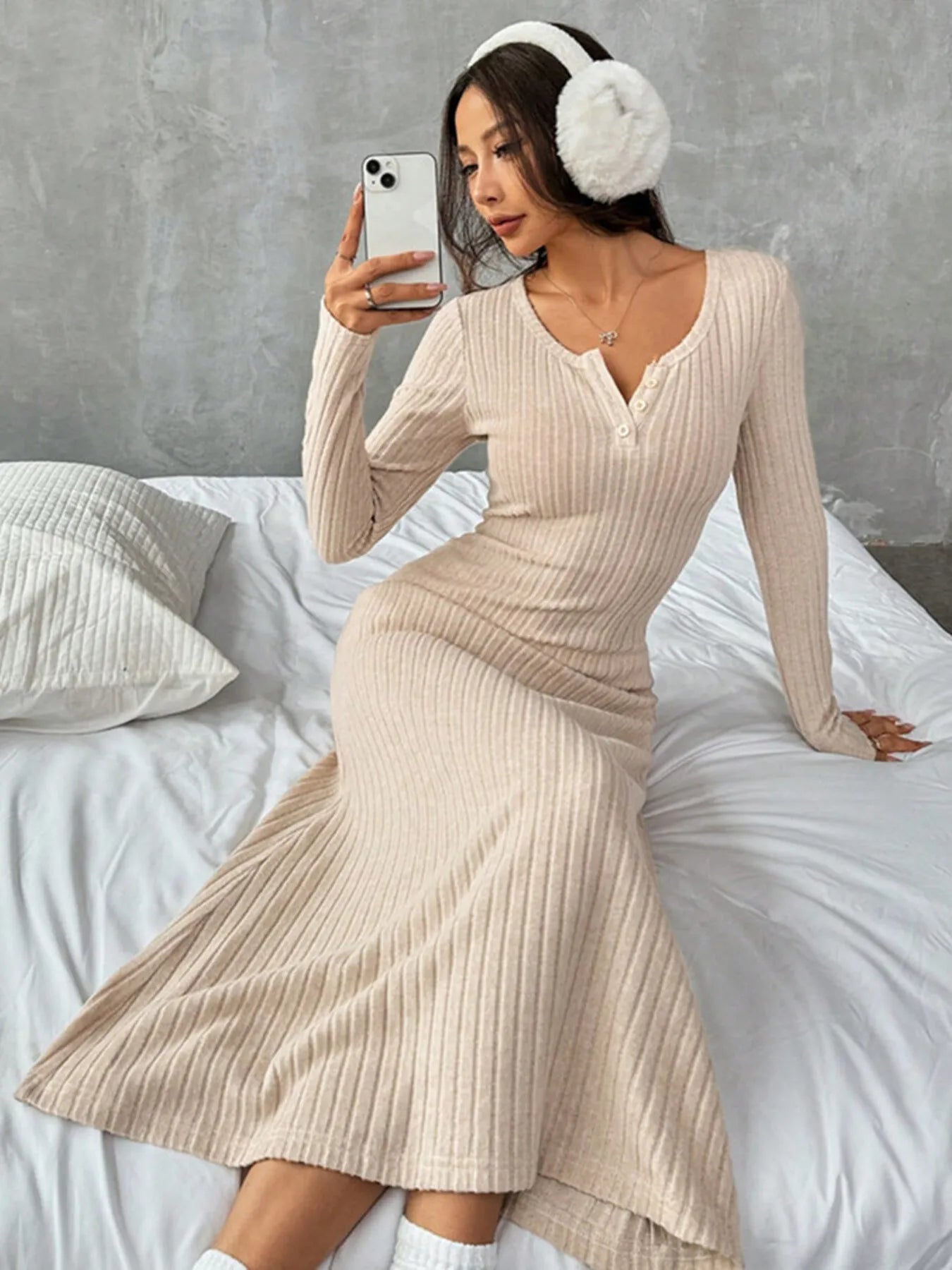 Ribbed Long Sleeve Knit Dress