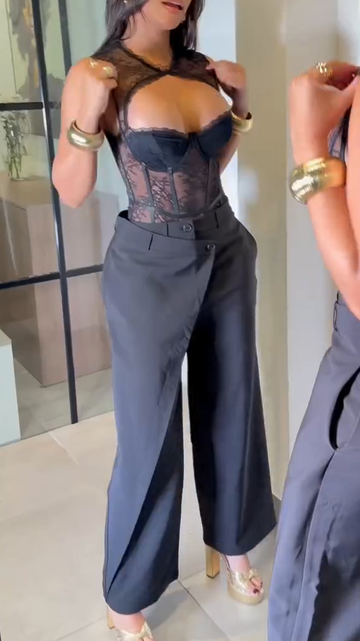 Womens Round Neck Lace Printed Top+ Pants Sexy Casual Suit