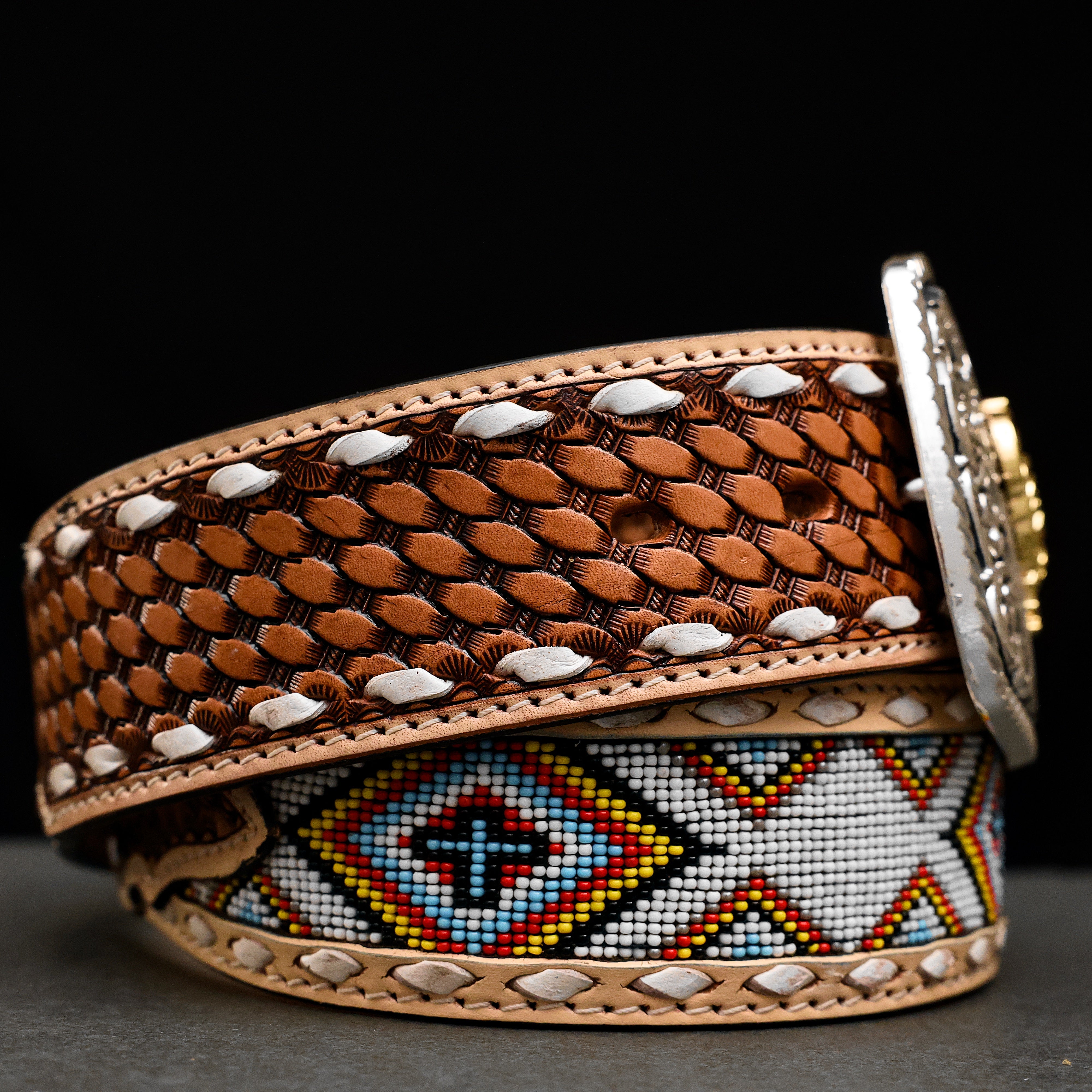 2 Inch Hand-Tooled Artesanal Beaded Leather Belt