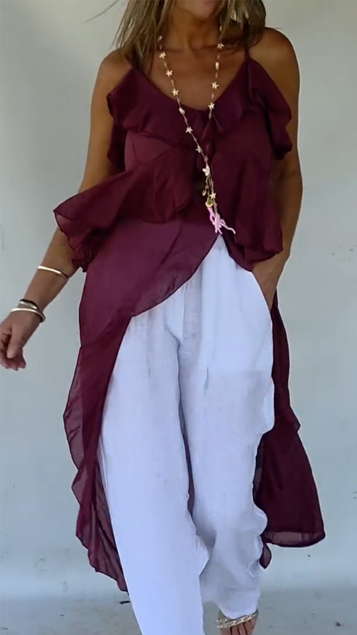 Women Spaghetti Strap Patchwork Casual Irregular Long Top