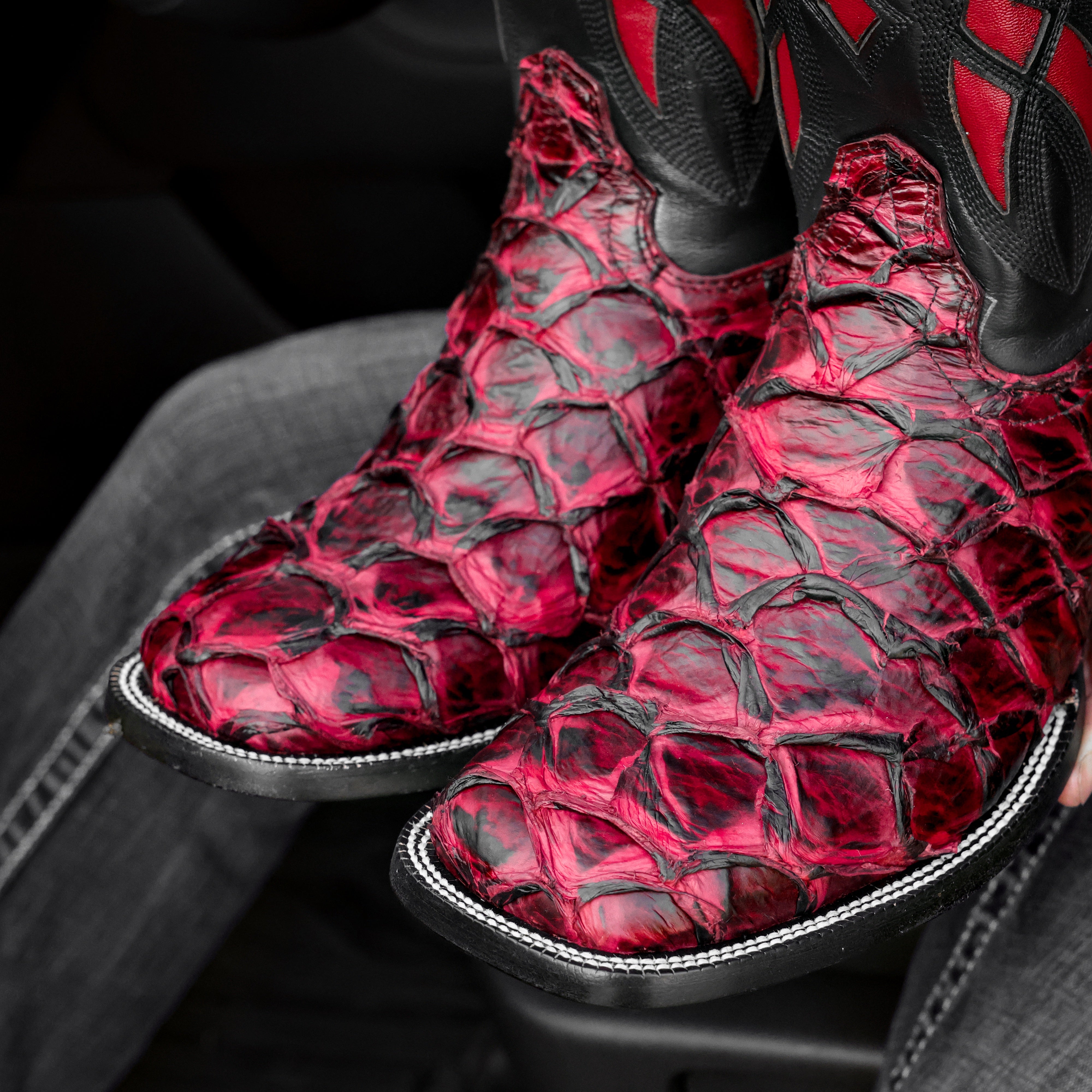 Genuine Black Cherry Pirarucu Boots - Square Toe