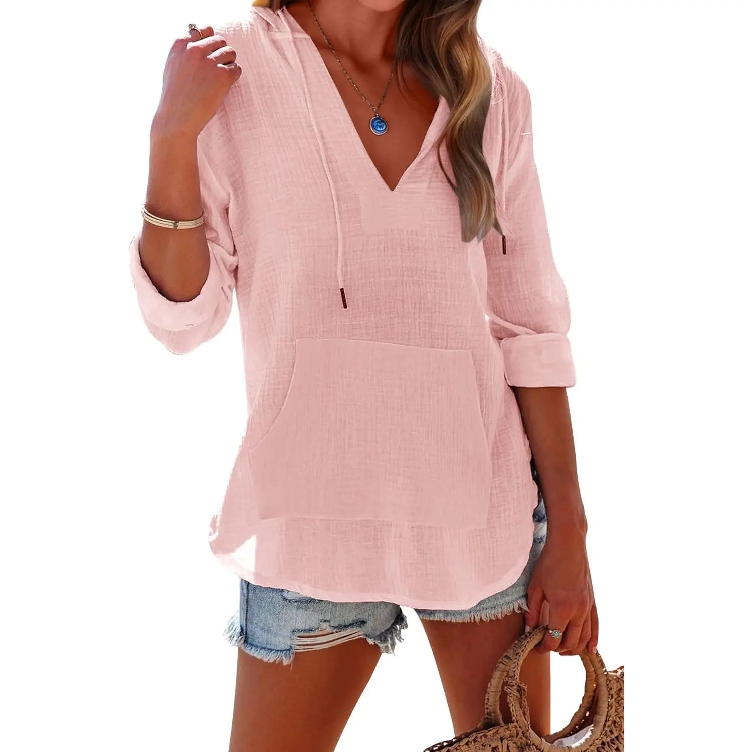 Women's Beach Cover Up hoodies sweatshirt Long Sleeve V Neck Pocketed Hooded Shirt Top