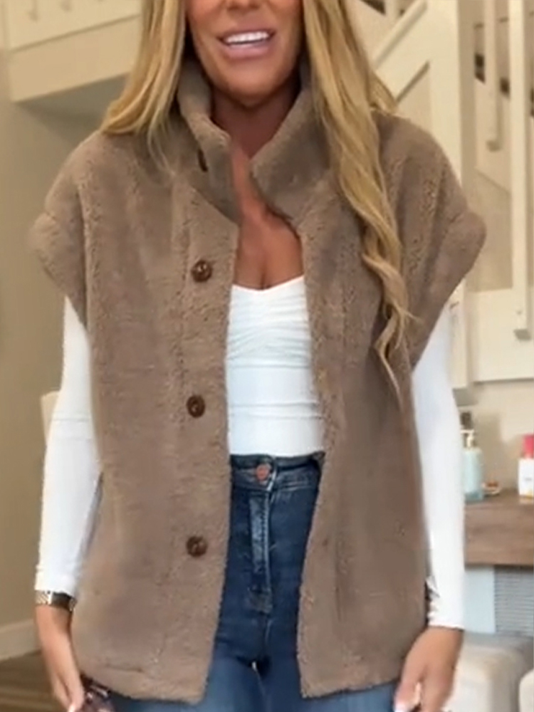 Women Round Neck and Breasted Plush Casual Vest