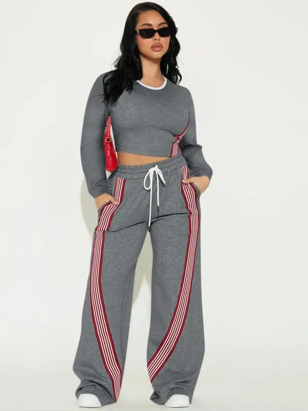 Women Casual Long Sleeve Top and Side Stripe Sports Pants Set