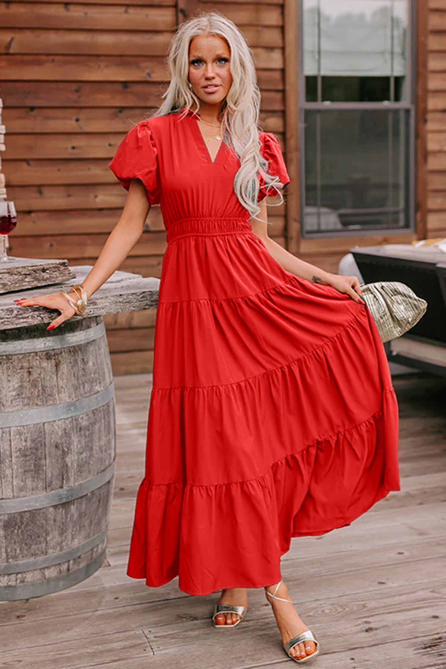 Coral Solid Color V Neck Short Puff Sleeve High Waist Tiered Maxi Dress